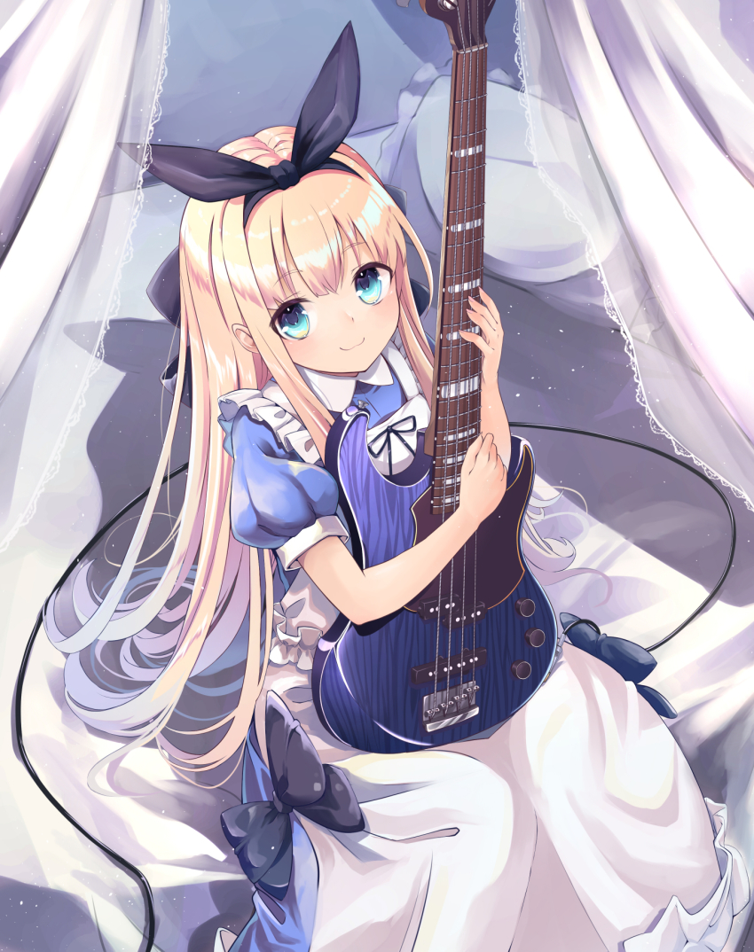 1girl, apron, bed, bed_sheet, black_bow, black_ribbon, blonde_hair, blue_dress