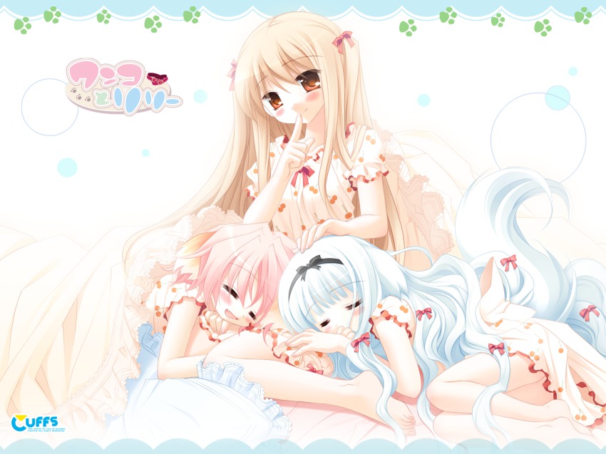 3girls, =_=, animal_ears, barefoot, blanket, blonde_hair, blush, child
