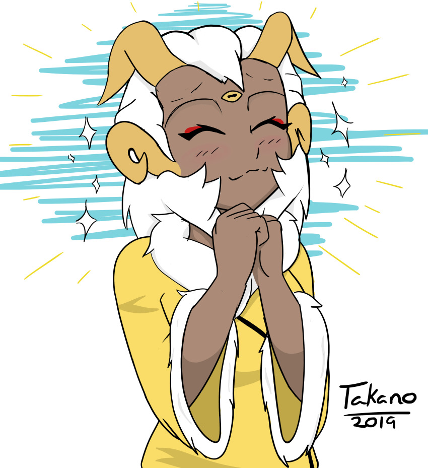 1girl, 2019, :3, ^_^, absurdres, artist_name, clenched_hands, closed_eyes, commentary, cowboy_shot, dark-skinned_female, dark_skin, english_commentary, extra_eyes, fur-trimmed_sweater, fur_trim, highres, horns, light_blush, medium_hair, outer_wilds, own_hands_together, signature, simple_background, smile, solanum_(outer_wilds), sparkle, standing, sweater, takano_(miyo_takano), third_eye, white_background, white_hair, yellow_horns, yellow_sweater