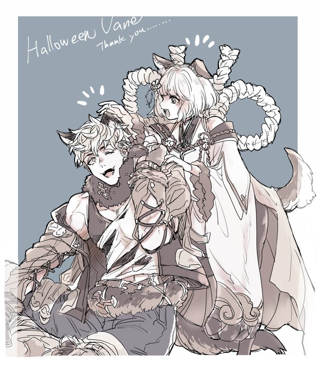 1boy, 1girl, 4110ring, abs, animal_costume, animal_ears, bara, bare_shoulders, black_tank_top, clothing_cutout, cropped_jacket, cross-laced_clothes, cross-laced_cutout, cross-laced_slit, cross-laced_top, detached_sleeves, dog_ears, erune, full_body, fur_collar, granblue_fantasy, hair_ornament, halloween_costume, jacket, japanese_clothes, knee_pads, large_pectorals, monochrome, off_shoulder, open_clothes, open_jacket, open_mouth, orange_jacket, pants, paw_pose, pectoral_cleavage, pectorals, rope, shimenawa, shirt, short_hair, sitting, tail, tank_top, toned, toned_male, torn_clothes, torn_shirt, vajra_(granblue_fantasy), vane_(granblue_fantasy), wide_sleeves, wolf_boy, wolf_costume, wolf_ears, wolf_paws, wolf_tail