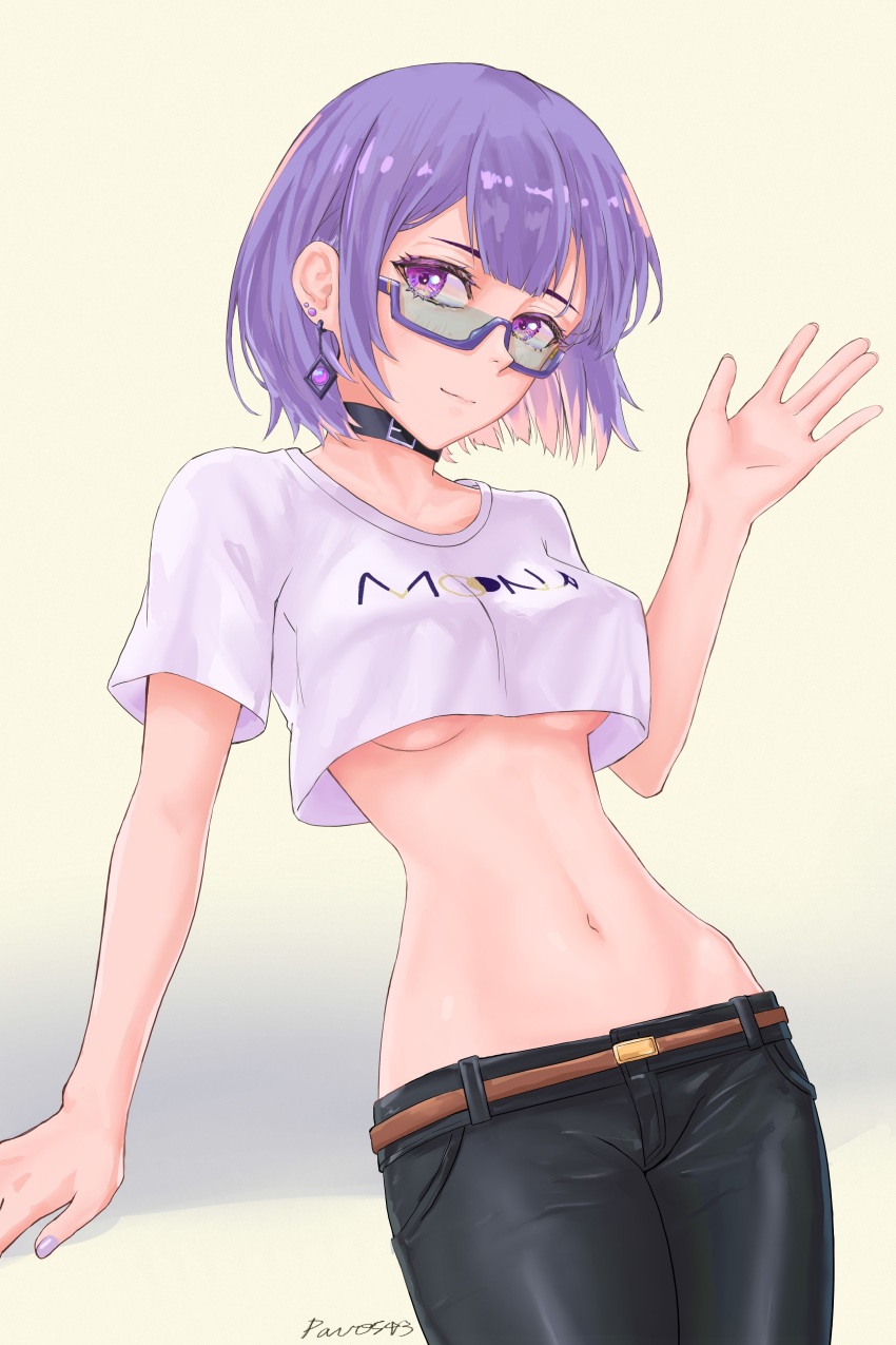 1girl, absurdres, area_15, arm_support, bad_id, bad_pixiv_id, belt, belt_collar, black_pants, blouse, blue-tinted_eyewear, blue-tinted_glasses, blunt_bangs, blush, bob_cut, breasts, character_name, choker, closed_mouth, collar, collarbone, covered_erect_nipples, cowboy_shot, crop_top, crop_top_overhang, ear_piercing, eyebrows_hidden_by_hair, glasses, highres, hololive, hololive_indonesia, leaning_back, leaning_on_object, light_smile, linea_alba, looking_at_viewer, looking_over_eyewear, looking_over_glasses, lowleg, lowleg_pants, medium_breasts, midriff, moona_hoshinova, moona_hoshinova_(3rd_costume), moona_hoshinova_(casual), multiple_piercings, nail_polish, narrow_waist, navel, no_bra, nose, official_alternate_costume, palms, pants, pavo543, piercing, purple-framed_eyewear, purple_eyes, purple_hair, purple_nails, shirt, short_hair, short_sleeves, sideways_glance, signature, simple_background, solo, sunglasses, tinted_eyewear, underboob, virtual_youtuber, waving, white_shirt, yellow_background