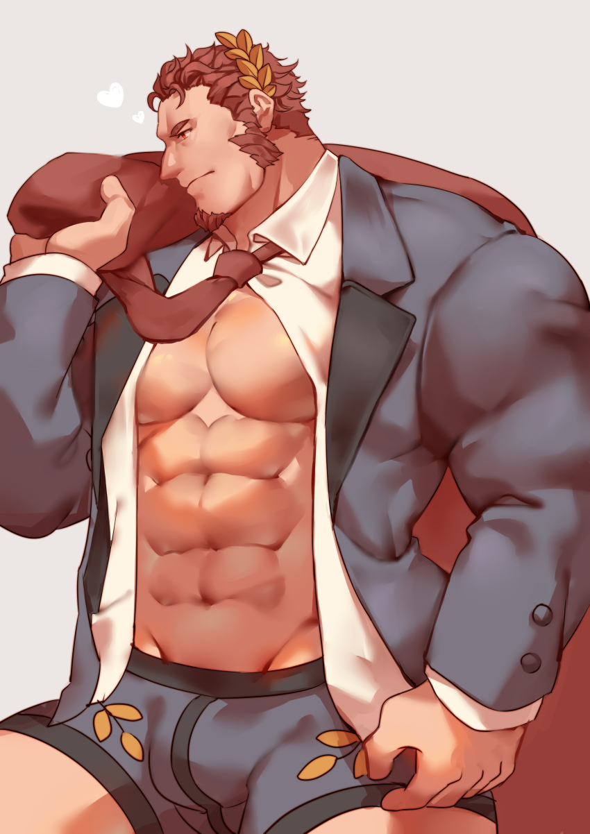 1boy, absurdres, bara, black_suit, boxers, bulge, claude_(housamo), edging_underwear