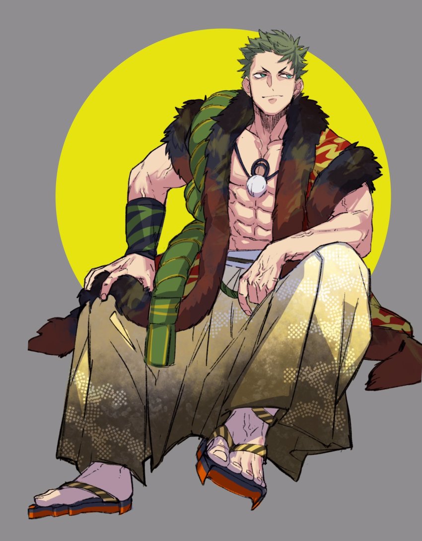 1boy, alternate_costume, bara, blackstar_-theater_starless-, commentary_request, green_hair, hakama, hakama_pants, highres, japanese_clothes, jewelry, kongou_(blackstar), male_focus, muscular, muscular_male, navel, necklace, open_clothes, pants, pectoral_cleavage, pectorals, short_hair, sitting, solo, torawar, unfinished, yellow_pants