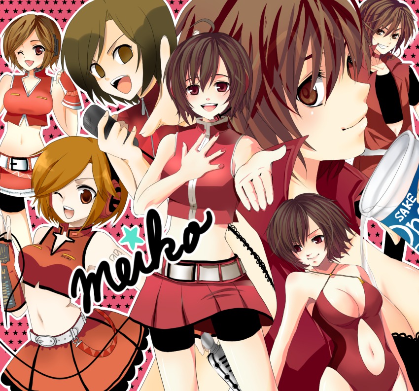 1boy, 2girls, aged_down, ahoge, belt, brown_eyes, brown_hair, casual_one-piece_swimsuit