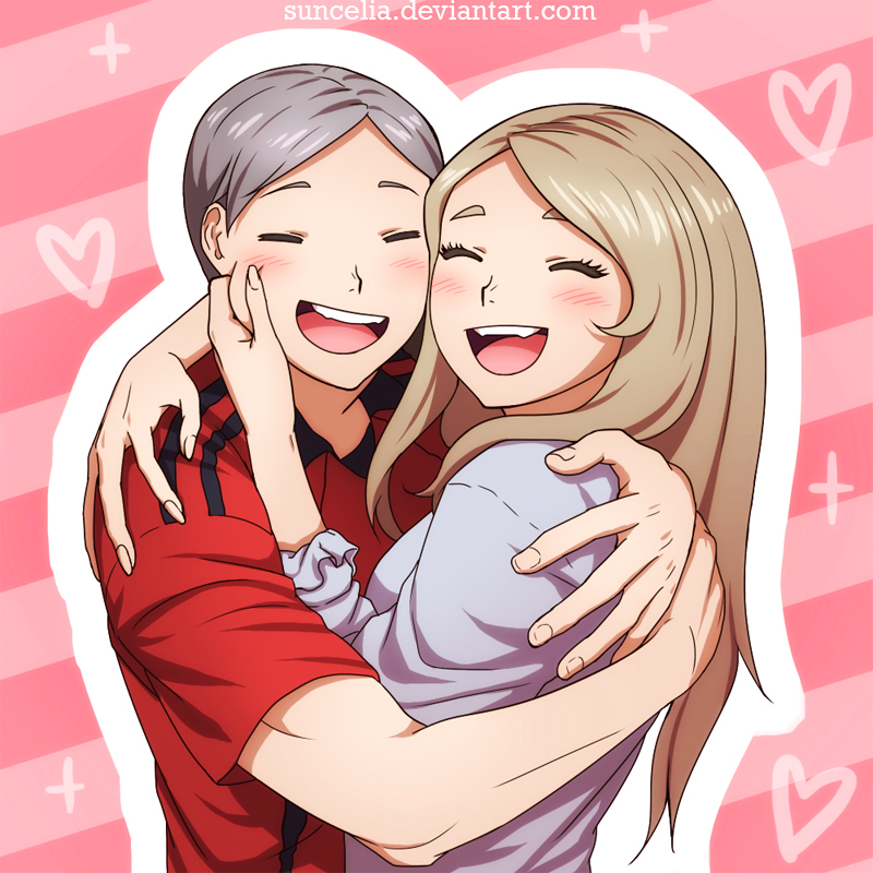 1boy, 1girl, blonde_hair, blouse, brother_and_sister, cheek_pinching, closed_eyes, grey_hair