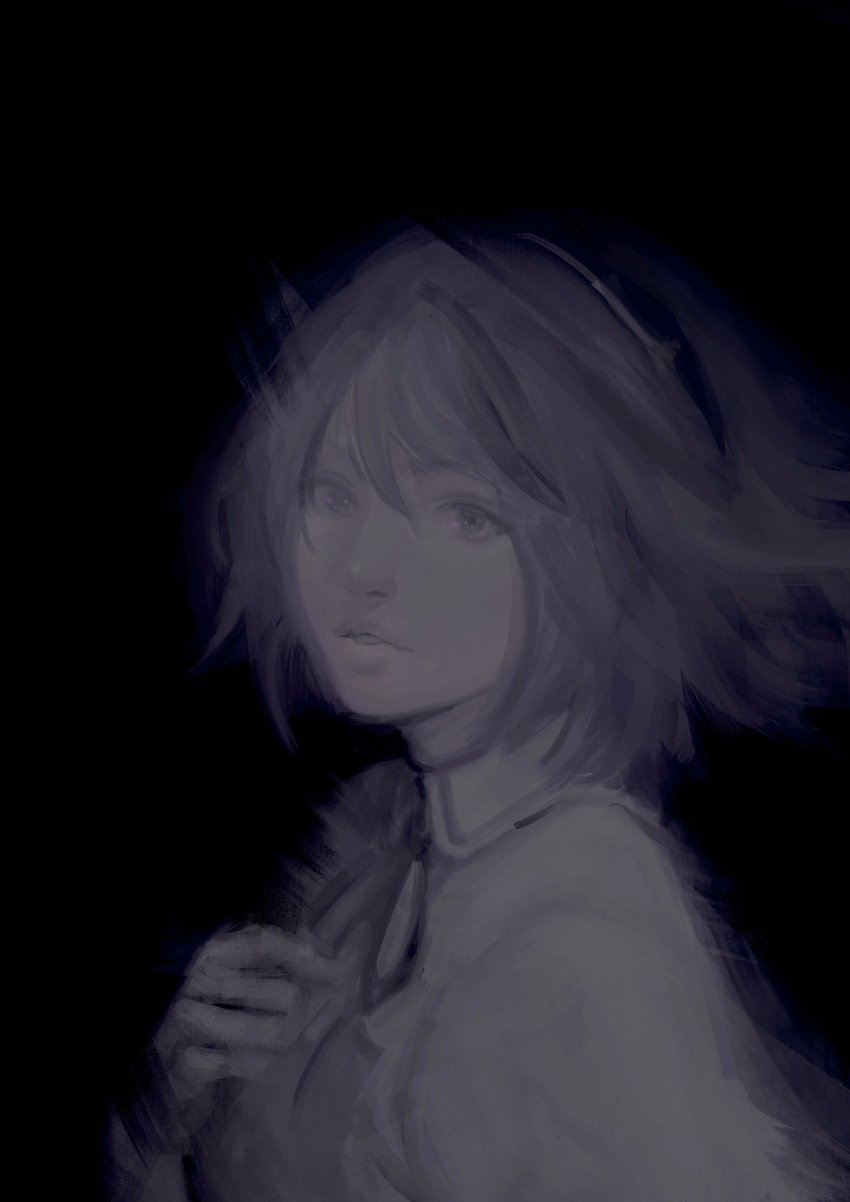 1girl, black_background, dead_by_daylight, high_collar, highres, kazama_raita, looking_at_viewer, medium_hair