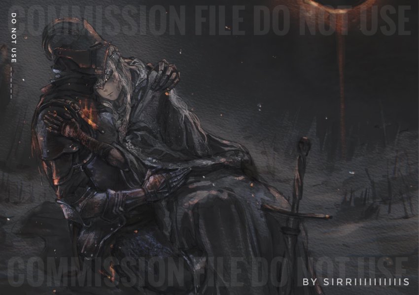 1girl, 1other, ambiguous_gender, armor, ashen_one_(dark_souls), blindfold, blindfold_mask, blonde_hair, breasts, cape, capelet, cloak, closed_mouth, couple, covered_eyes, dark_souls_(series), dark_souls_iii, dress, fire_keeper, full_armor, gauntlets, helmet, highres, hug, jewelry, long_hair, mask, medium_breasts, necklace, sirriiiiiiiiiis, smile, sword, upper_body, weapon