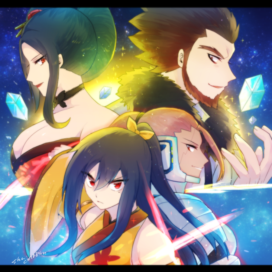 1boy, 3girls, bare_shoulders, black_hair, breasts, butterfly_choker, cleavage, drakken_joe