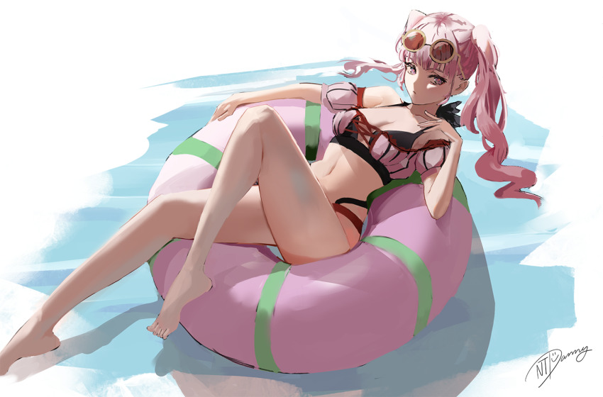 1girl, barefoot, bikini, breasts, cleavage, closed_mouth, collarbone, female_focus, fire_emblem, fire_emblem:_three_houses, hilda_valentine_goneril, hilda_valentine_goneril_(summer), innertube, long_hair, looking_at_viewer, matching_hair/eyes, medium_breasts, multi-strapped_bikini, navel, nintendo, ntdanny, official_alternate_costume, pink_bikini, pink_eyes, pink_hair, red-tinted_eyewear, red_bikini, round_eyewear, signature, solo, striped_bikini, striped_clothes, sunglasses, sunglasses_on_head, swim_ring, swimsuit, tinted_eyewear, twintails, vertical-striped_bikini, vertical-striped_clothes, yellow-framed_eyewear