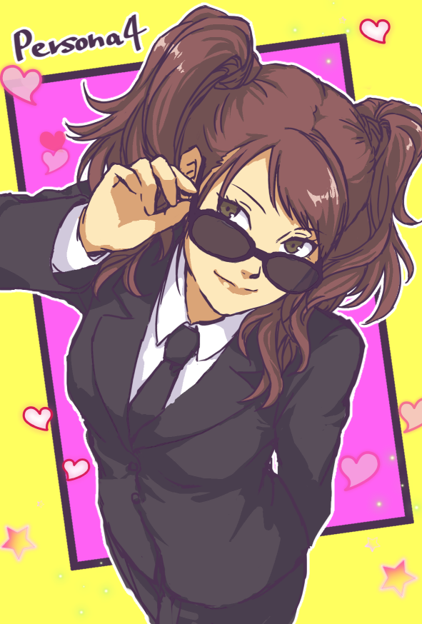 1girl, arm_behind_back, black-framed_eyewear, black_jacket, black_necktie, black_pants, brown_eyes, brown_hair, closed_mouth, collared_shirt, copyright_name, formal_clothes, heart, jacket, kujikawa_rise, long_hair, long_sleeves, looking_over_eyewear, necktie, pant_suit, pants, persona, persona_4, pink_background, ryuka_123, shirt, smile, solo, standing, suit, sunglasses, twintails, two-tone_background, white_shirt, wing_collar, yellow_background