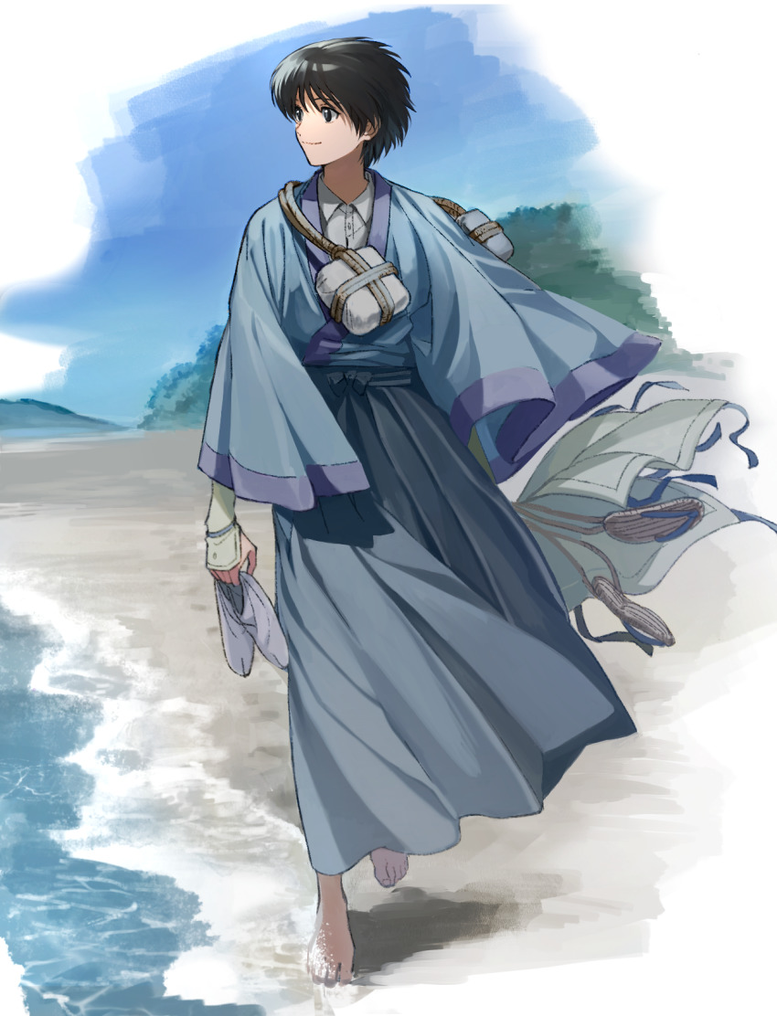 1boy, barefoot, beach, black_eyes, black_hair, blue_kimono, closed_mouth, collared_shirt