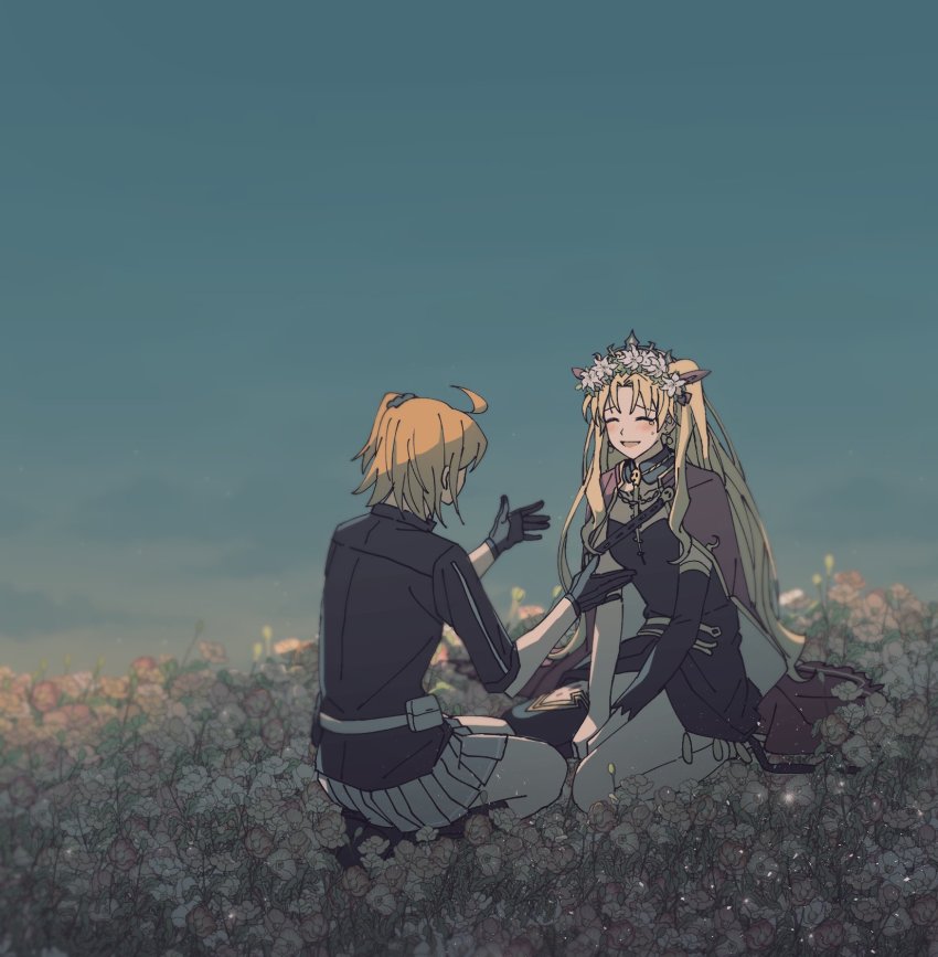 1girl, 2girls, \||/, blonde_hair, blue_sky, blush, bobi, cape