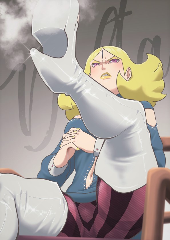 1girl, annoyed, blonde_hair, boots, boruto:_naruto_next_generations, character_name, delta_(boruto), dress, earrings, eeshin_(eishin5584), eyeshadow, facial_mark, forehead_mark, jewelry, leg_up, lipstick, long_hair, makeup, nail_polish, naruto_(classic), naruto_(series), navel, pink_eyes, sitting, solo, thigh_boots, thighhighs, white_boots, yellow_eyeshadow, yellow_lips, yellow_nails