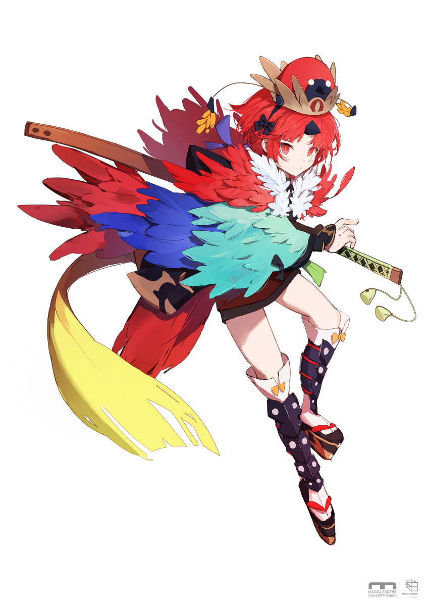 1girl, absurdres, beni-enma, beni-enma_(third_ascension), fate/grand_order, fate_(series), full_body, hat, highres, horns, katana, looking_at_viewer, luozhou_pile, platform_clogs, platform_sandals, red_eyes, red_hair, sandals, sheath, sheathed, shin_guards, short_hair, simple_background, single_horn, smile, solo, sword, thighhighs, weapon, white_background, white_thighhighs, zouri