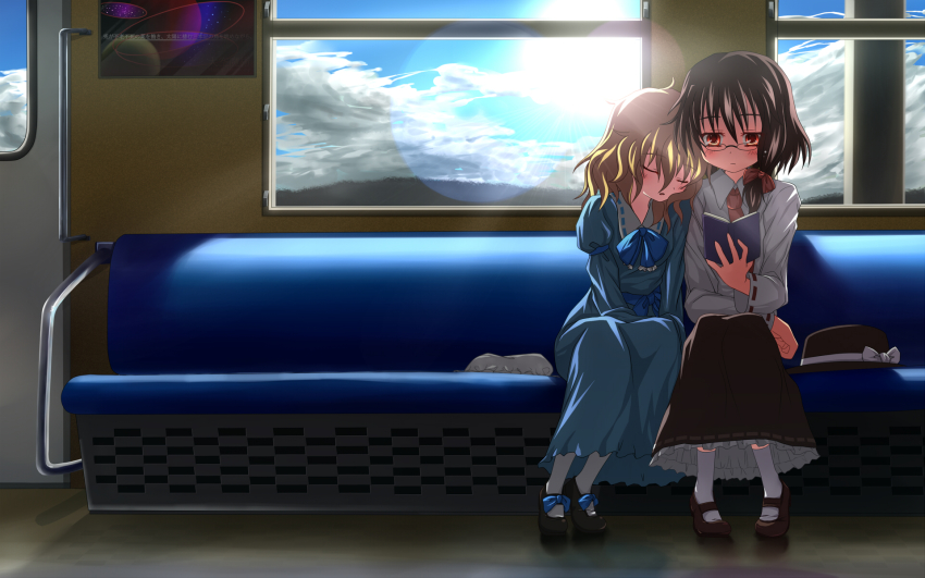 2girls, bespectacled, blonde_hair, book, bow, brown_eyes, brown_hair, closed_eyes, female_focus, ghostly_field_club, glasses, hair_bow, hat, head_on_another's_shoulder, head_rest, highres, lens_flare, maribel_hearn, mille, multiple_girls, necktie, missing_headwear, open_book, reading, retrospective_53_minutes, sitting, sleeping, sleeping_upright, touhou, train, train_interior, usami_renko