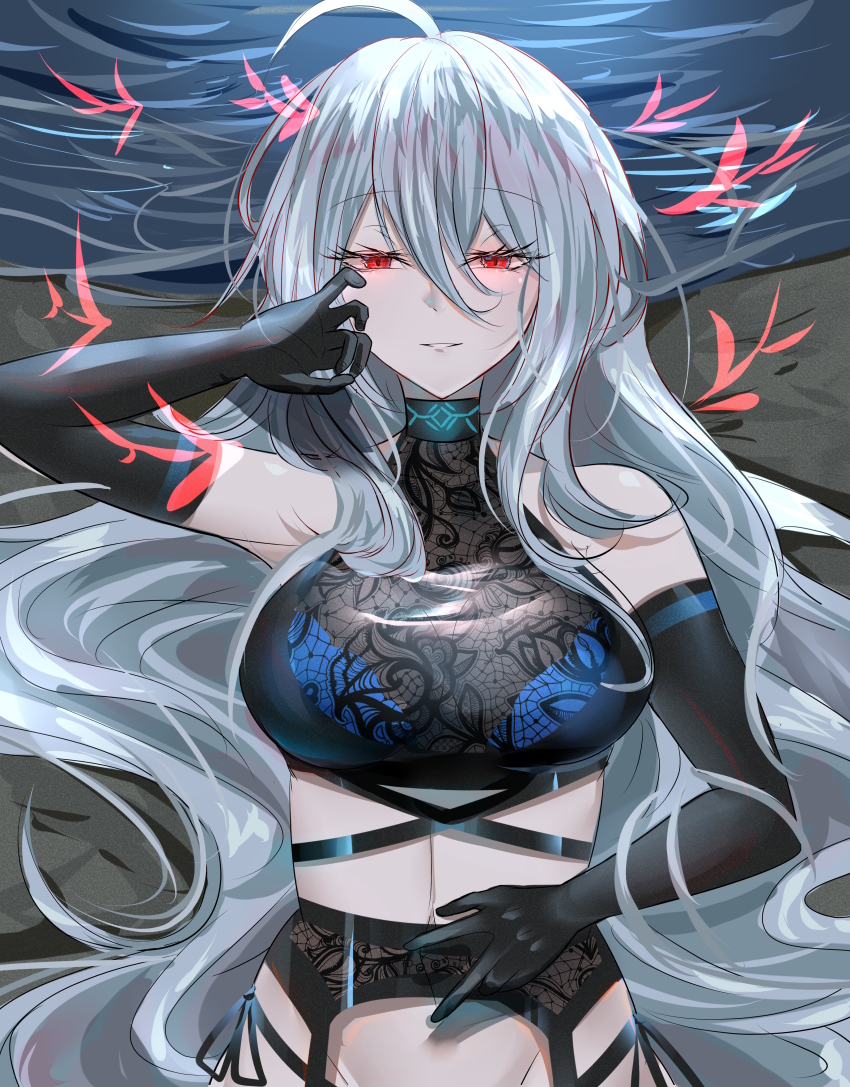 1girl, absurdres, ahoge, alternate_costume, arknights, bare_shoulders, black_gloves, breasts