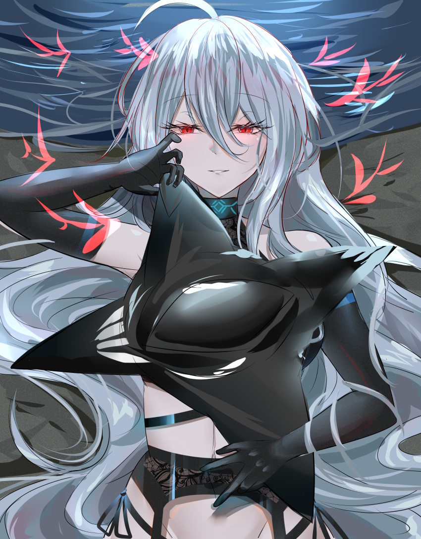 1girl, absurdres, ahoge, alternate_costume, arknights, bare_shoulders, black_gloves, black_hat