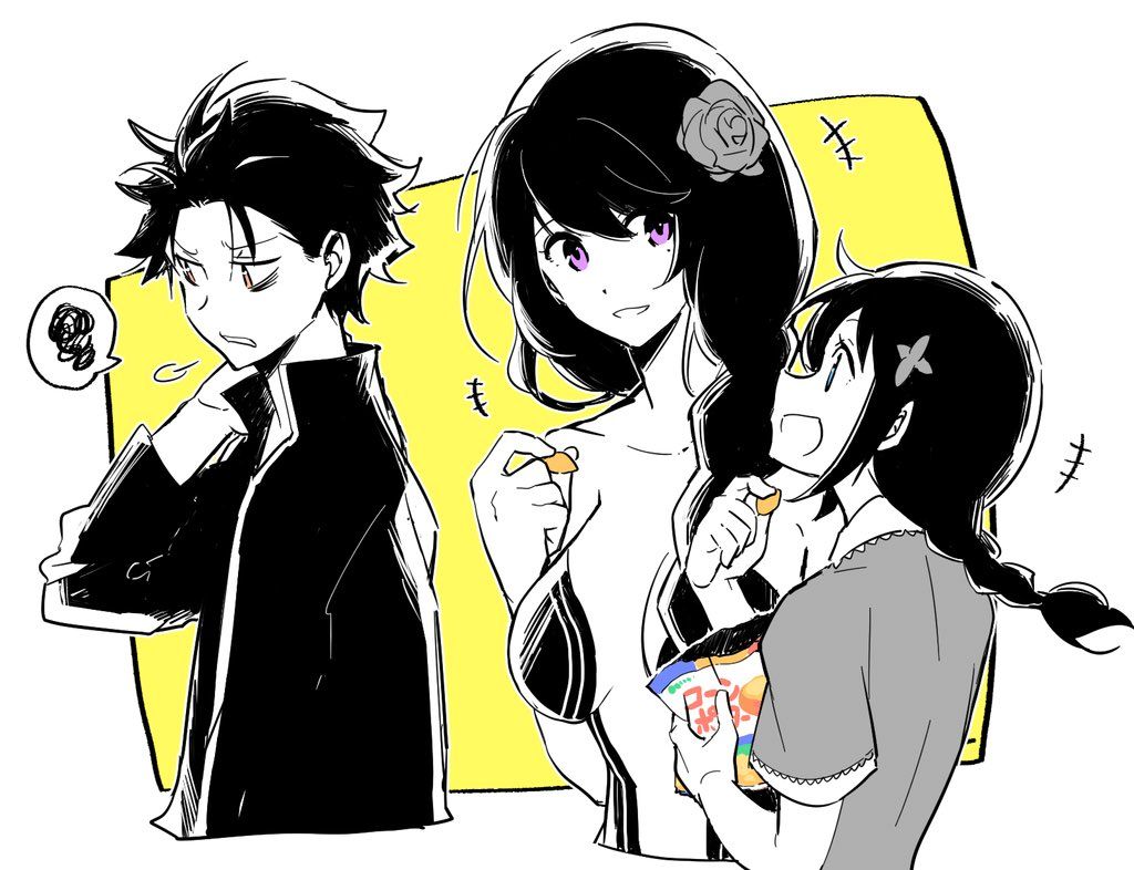 1boy, 2girls, alternate_universe, artist_request, bags_under_eyes, black_dress, black_hair, black_shirt