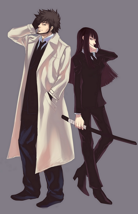 00s, 1boy, 1girl, bad_id, bad_pixiv_id, black_hair, darker_than_black, formal_clothes, hazuki_mina_(darker_than_black), karaage_(sweet), long_hair, pant_suit, pants, shizume_genma, short_hair, suit, weapon