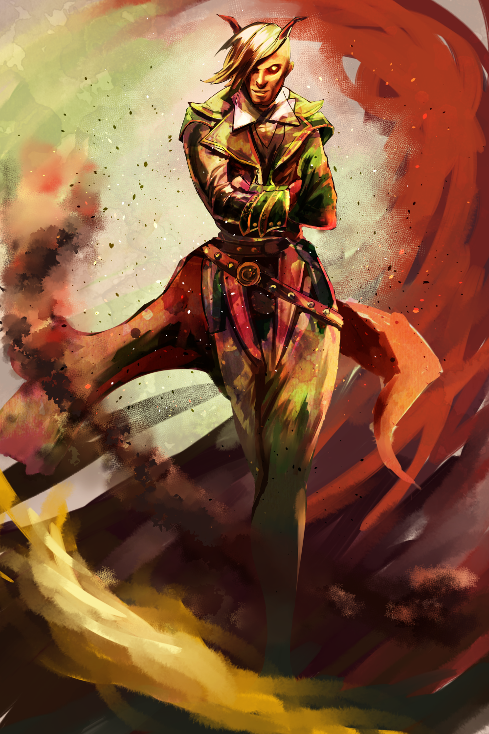 1boy, belt, clip_studio_paint_(medium), coattails, colored_skin, crossed_arms, demon_boy, demon_horns, evil_smile, fantasy, fire, formal_clothes, full_body, hair_over_one_eye, highres, horns, long_coat, looking_at_viewer, magic:_the_gathering, male_focus, red_skin, short_hair, smile, tailcoat, tibalt, umigarasu_(kitsune1963), walking