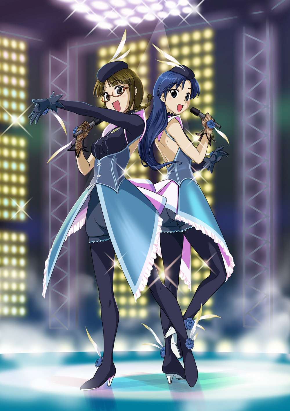 00s, akizuki_ritsuko, back, beret, blue_eyes, blue_hair, brown_eyes, brown_hair