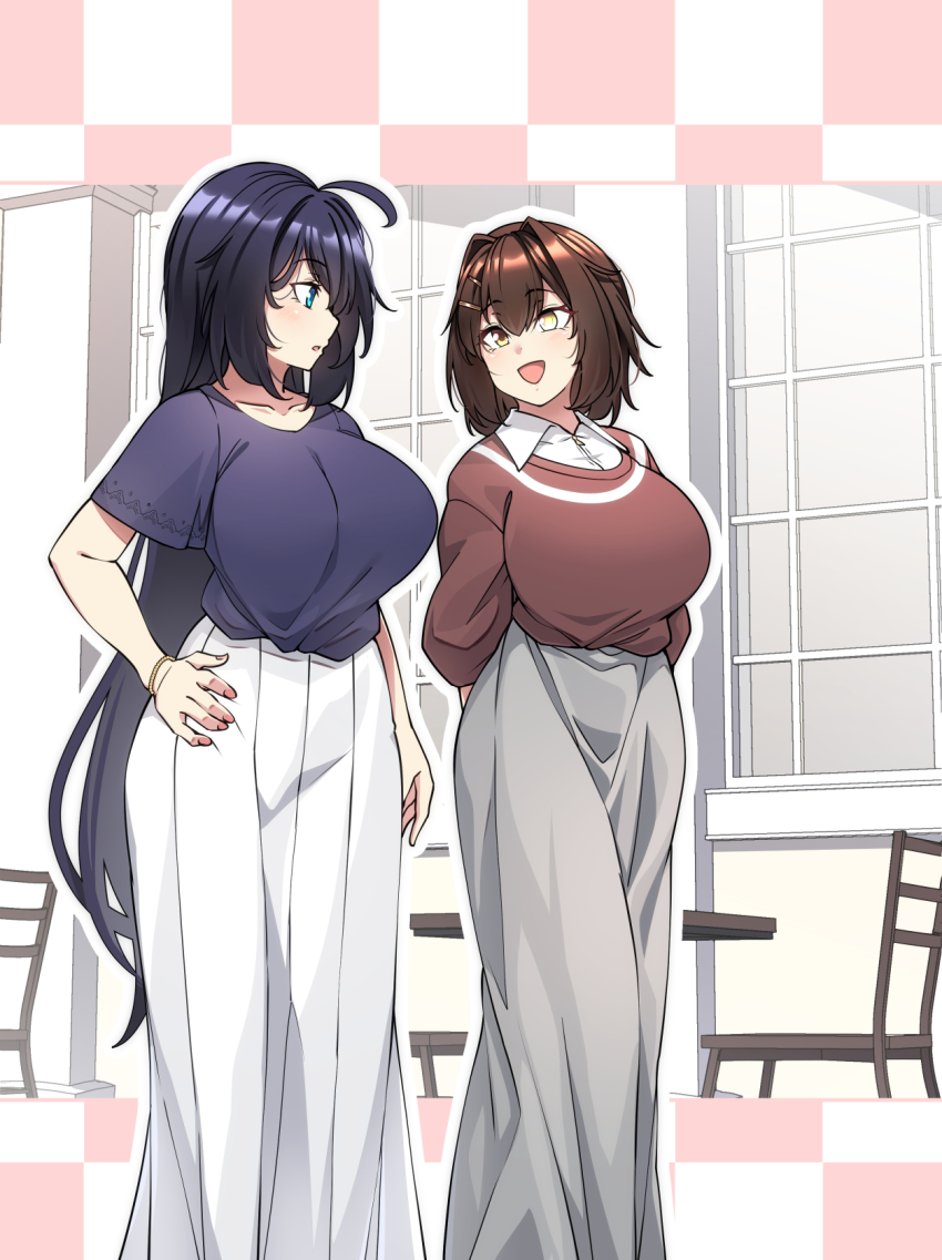 2girls, ahoge, arms_behind_back, black_hair, blue_eyes, blue_shirt, blush, breasts, brown_hair, chair, commission, furutaka_(kancolle), furutaka_(valentine)_(kancolle), grey_skirt, hair_between_eyes, hair_ornament, hairclip, hand_on_own_hip, heterochromia, highres, kako_(kancolle), kako_(summer)_(kancolle), kantai_collection, konoshige_(ryuun), large_breasts, long_hair, long_skirt, looking_at_viewer, multiple_girls, official_alternate_costume, open_mouth, parted_lips, shirt, short_hair, short_sleeves, skeb_commission, skirt, smile, standing, sweater, table, very_long_hair, white_skirt, window, yellow_eyes