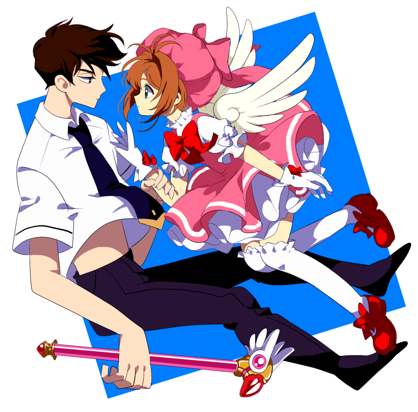 1boy, 1girl, 334yen, antenna_hair, black_hair, blouse, brother_and_sister, brown_hair