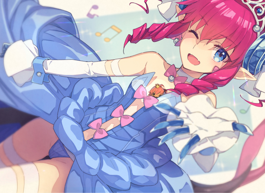 1girl, bare_shoulders, blue_dress, blue_eyes, blush, breasts, character_doll, doll, dragon_girl, dragon_horns, dragon_tail, dress, elizabeth_bathory_(cinderella)_(fate), elizabeth_bathory_(fate), fate/grand_order, fate_(series), fujimaru_ritsuka_(female), fujimaru_ritsuka_(female)_(halloween_royalty), hair_ribbon, halloween_royalty, highres, horns, long_hair, looking_at_viewer, official_alternate_costume, one_eye_closed, open_mouth, pink_hair, pointy_ears, ribbon, saipaco, sidelocks, small_breasts, smile, solo, tail