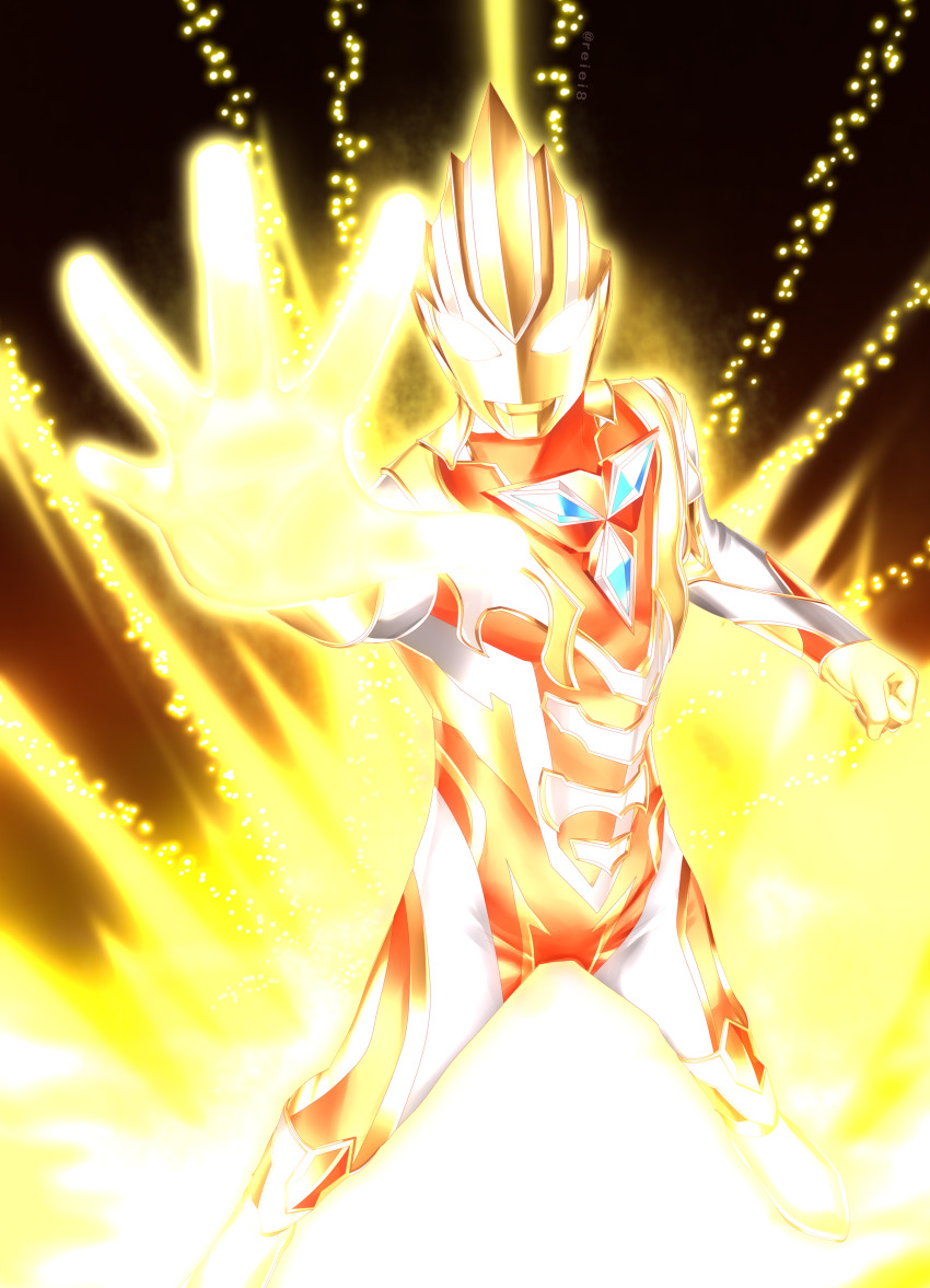 1boy, absurdres, alien, aura, color_timer, commentary, english_commentary, glowing