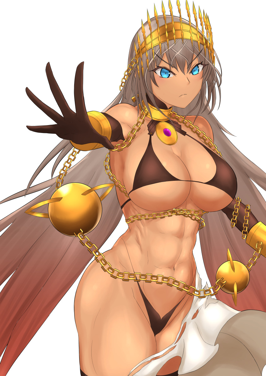 abs, absurdres, bikini, black_bikini, blue_eyes, breasts, brown_gloves, chain, cleavage, cowboy_shot, crown, cuffs, fate/grand_order, fate_(series), flashing, g-string, gloves, gold_chain, grey_hair, highleg, highleg_bikini, highres, jewelry, kiteno_kiten, large_breasts, neck_ring, public_indecency, swimsuit, tan, thighhighs, thong, white_background, zenobia_(fate)