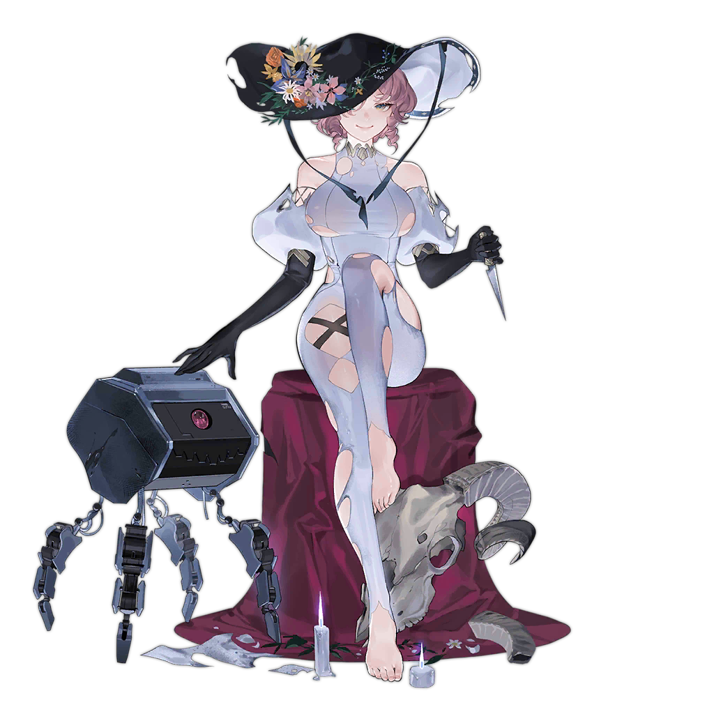 1girl, bare_shoulders, barefoot, black_gloves, black_hat, breasts, closed_mouth, collarbone, dress, drill_hair, drill_sidelocks, elbow_gloves, feet, flower, full_body, girls'_frontline, gloves, hair_over_one_eye, halloween, halloween_costume, hat, hat_flower, holding, holding_knife, knee_up, knife, lips, looking_at_viewer, medium_breasts, medium_hair, mp-443_(girls'_frontline), mp-443_(shepherd_of_the_lost)_(girls'_frontline), official_art, pink_hair, reeh_(yukuri130), sidelocks, sitting, smile, solo, toes, torn_clothes, torn_dress, torn_hat, transparent_background, trick_or_treat, white_dress, witch, witch_hat, yellow_eyes