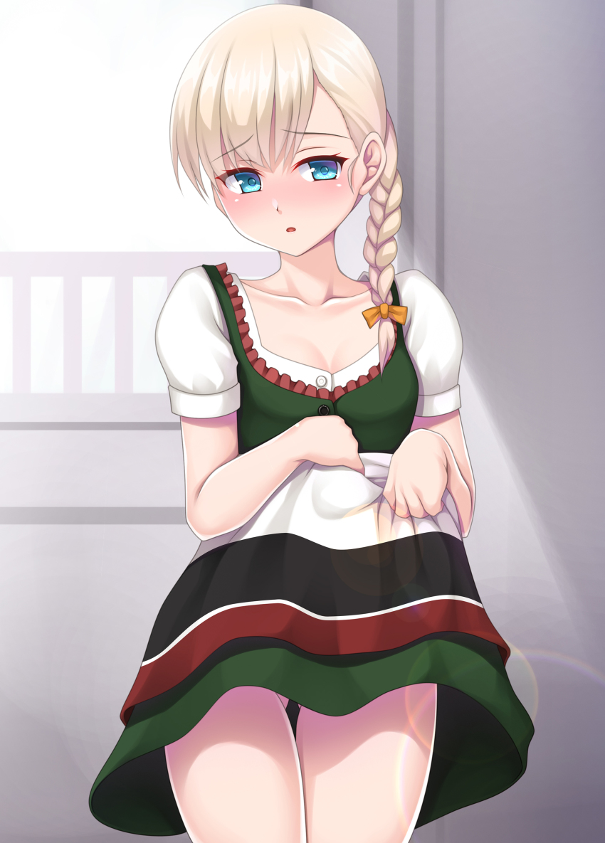 1girl, absurdres, blonde_hair, blue_eyes, braid, breasts, clothes_lift, cowboy_shot, dirndl, dress, dress_lift, german_clothes, green_dress, hair_over_shoulder, highres, kantai_collection, lifting_own_clothes, long_hair, ruin_re_birth, shin'you_(kancolle), shin'you_(oktoberfest)_(kancolle), short_sleeves, small_breasts, solo, standing
