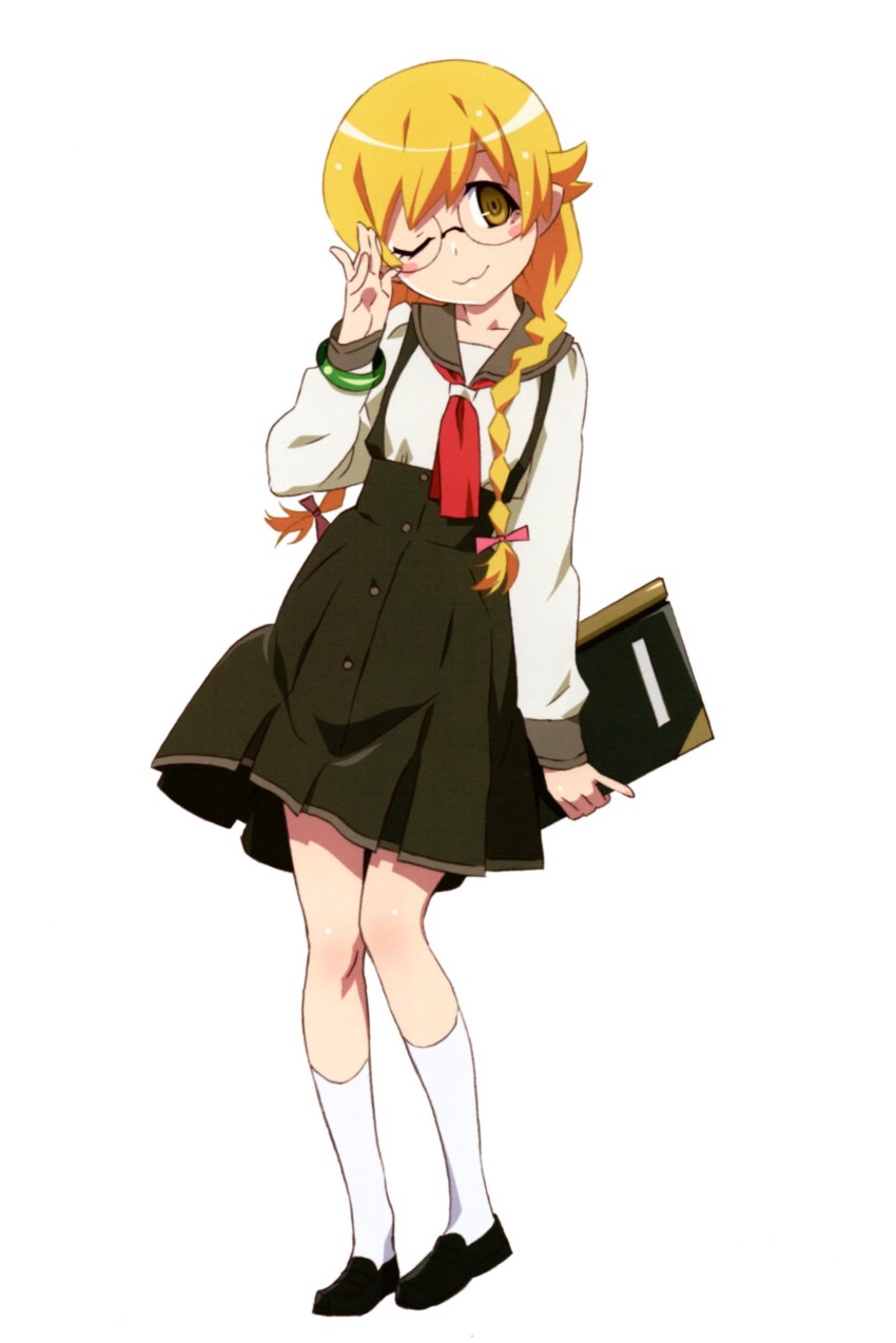 1girl, :3, absurdres, adjusting_eyewear, black_shoes, blonde_hair, blush_stickers, book