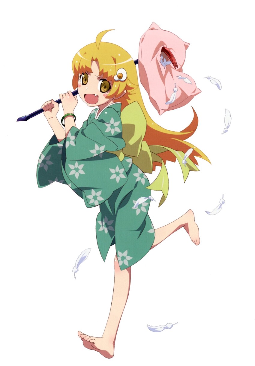 1girl, :d, absurdres, ahoge, araragi_tsukihi, araragi_tsukihi_(cosplay), barefoot, blonde_hair, blush_stickers, bracelet, broken, cosplay, crowbar, damaged, egg_(food), egg_hair_ornament, fang, feathers, floral_print, food, food-themed_hair_ornament, fried_egg, full_body, furisode, furrowed_brow, green_kimono, green_sash, hair_ornament, highres, holding, holding_crowbar, japanese_clothes, jewelry, kimono, long_hair, looking_at_viewer, monogatari_(series), obi, official_art, open_mouth, oshino_shinobu, parted_bangs, pillow, running, sash, scan, short_kimono, simple_background, smile, solo, watanabe_akio, white_background, white_feathers, yellow_eyes