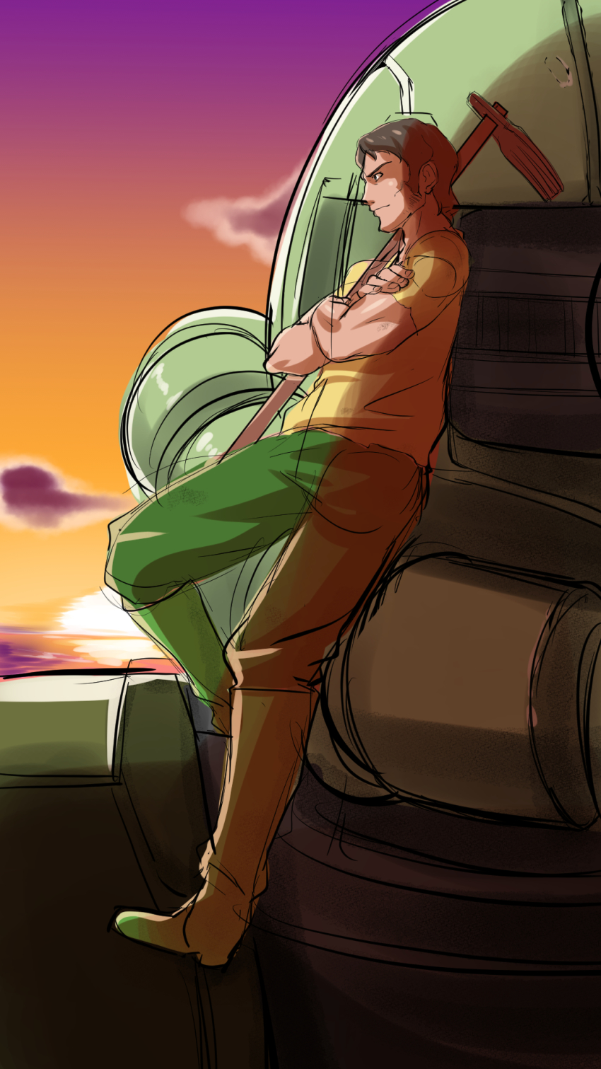 1boy, black_hair, cucuruz_doan, gundam, highres, mobile_suit_gundam, sunset, toron_(mino106)