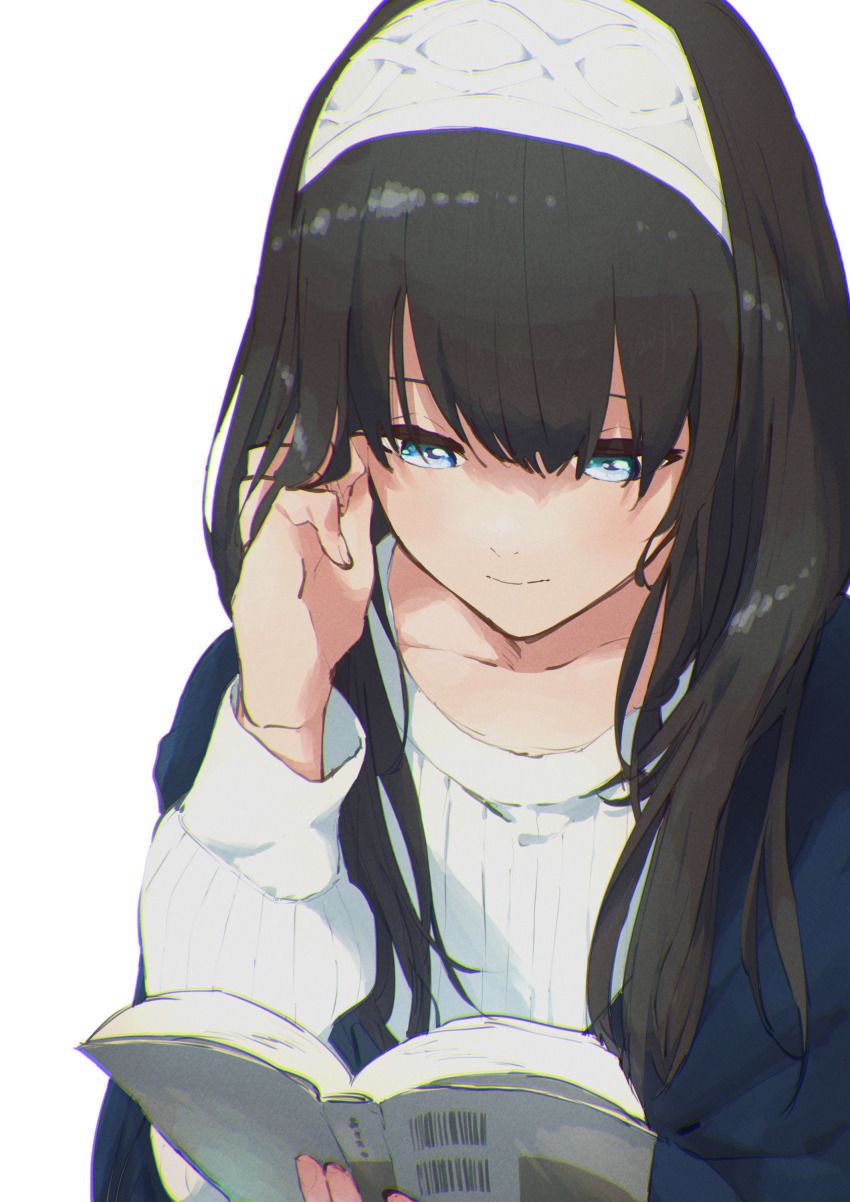 1girl, absurdres, aqua_eyes, black_hair, book, collarbone, tucking_hair, hairband
