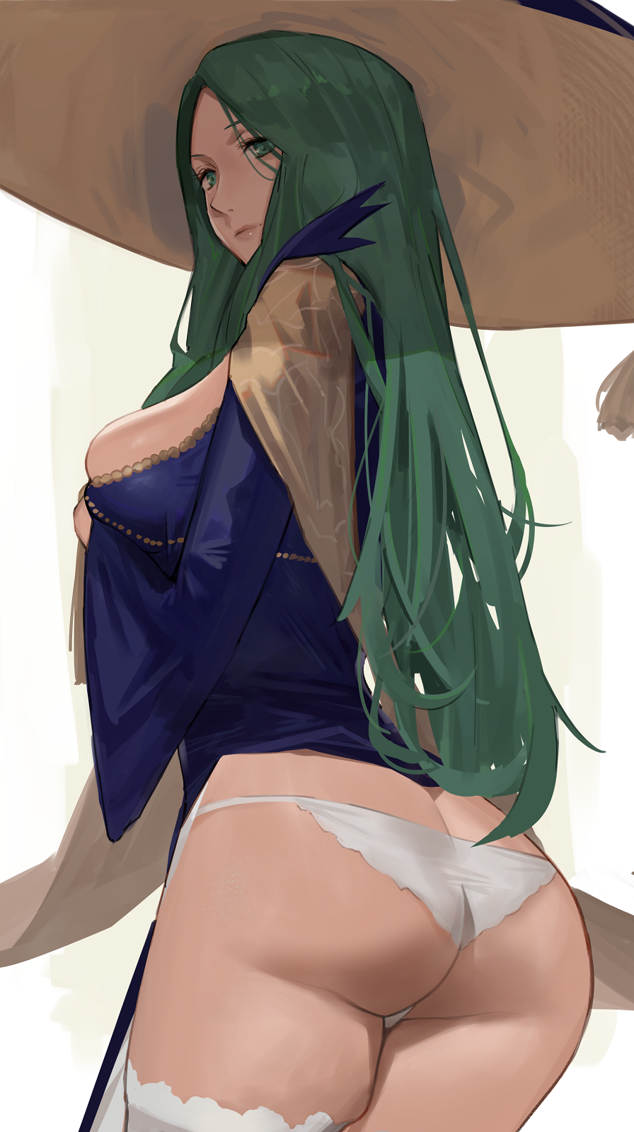 1girl, ass, back, blue_dress, breasts, butt_crack, dress, female_focus, fire_emblem, fire_emblem:_three_houses, fire_emblem_heroes, forehead, green_eyes, green_hair, halloween, halloween_costume, hat, highres, j@ck, large_breasts, long_hair, long_sleeves, looking_at_viewer, looking_back, matching_hair/eyes, nintendo, official_alternate_costume, panties, parted_bangs, rhea_(fire_emblem), rhea_(halloween)_(fire_emblem), solo, underwear, white_panties, wide_sleeves, witch, witch_hat