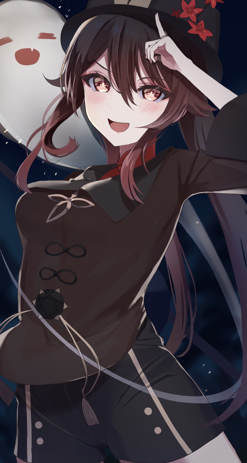 1girl, absurdres, black_headwear, black_shorts, blush, breasts, closed_eyes, fang