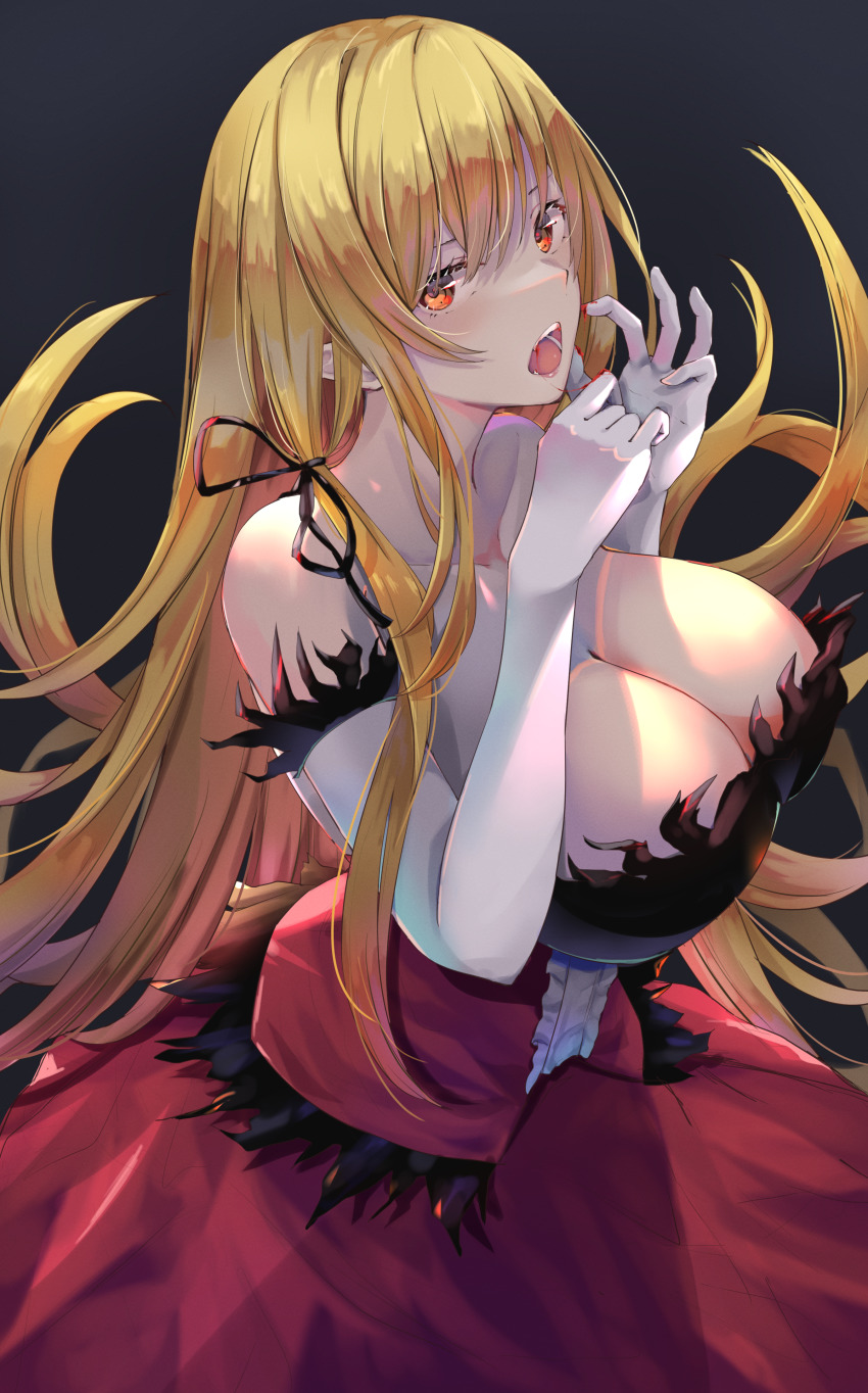 1girl, absurdres, bare_shoulders, black_background, black_ribbon, blonde_hair, blood, blood_in_mouth