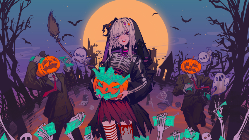 1girl, 2others, absurdres, animal, animal_on_shoulder, arms_up, asymmetrical_legwear, bare_tree