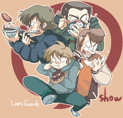4boys, bowl, chibi_(urusei_yatsura), chopsticks, eating, food, glasses, kakugari_(urusei_yatsura)