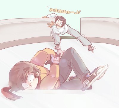 2boys, black_hair, brown_hair, gloves, ice, ice_skates, lowres, maru-sima