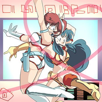 2girls, ass, bare_shoulders, benten_(urusei_yatsura), boots, breasts, brown_hair, butt_crack, cosplay, dirty_pair, gloves, green_hair, heart, holster, indoors, kei_(dirty_pair), kei_(dirty_pair)_(cosplay), long_hair, lowres, lum, maru-sima, midriff, multiple_girls, navel, red_hair, revealing_clothes, short_shorts, shorts, urusei_yatsura, yuri_(dirty_pair), yuri_(dirty_pair)_(cosplay)