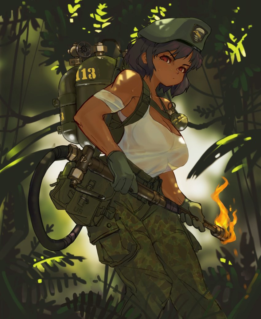 1girl, absurdres, arm_strap, beret, black_hair, breast_strap, breasts, camouflage