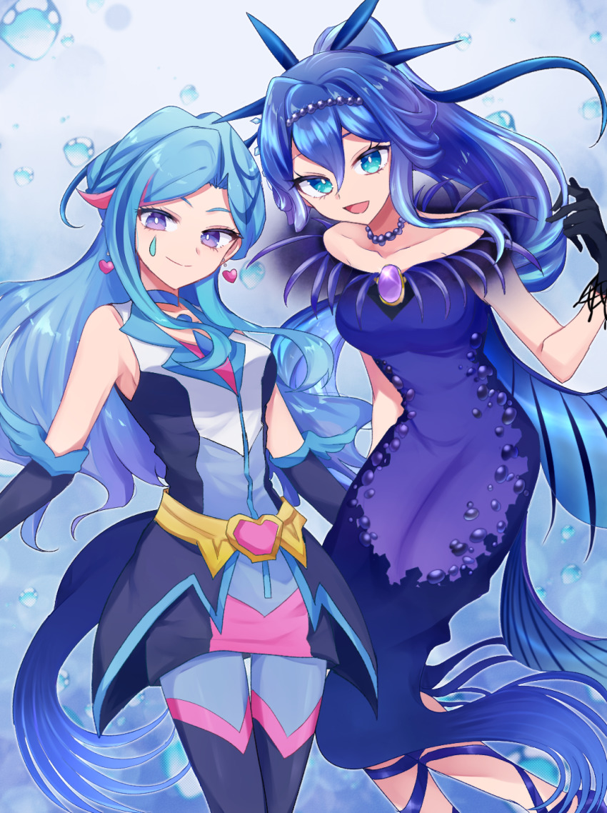 2girls, belt, black_gloves, blue_dress, blue_hair, blue_maiden, breasts, choker, dress, duel_monster, earrings, elbow_gloves, feet_out_of_frame, floating_hair, gloves, gradient_hair, hair_between_eyes, hair_ornament, heart, heart_earrings, highres, jewelry, long_hair, marincess_springirl, multicolored_hair, multiple_girls, nanashiba_(banntlla), necklace, open_mouth, pantyhose, ponytail, purple_eyes, purple_hair, sleeveless, sleeveless_dress, smile, yu-gi-oh!, yu-gi-oh!_vrains, zaizen_aoi