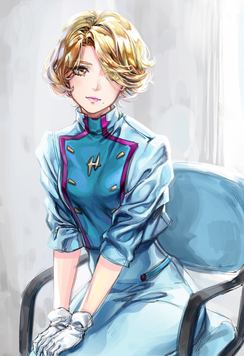 1girl, blue_jacket, blue_skirt, breasts, eyebrows_hidden_by_hair, gloves, greatwhite1122, gundam