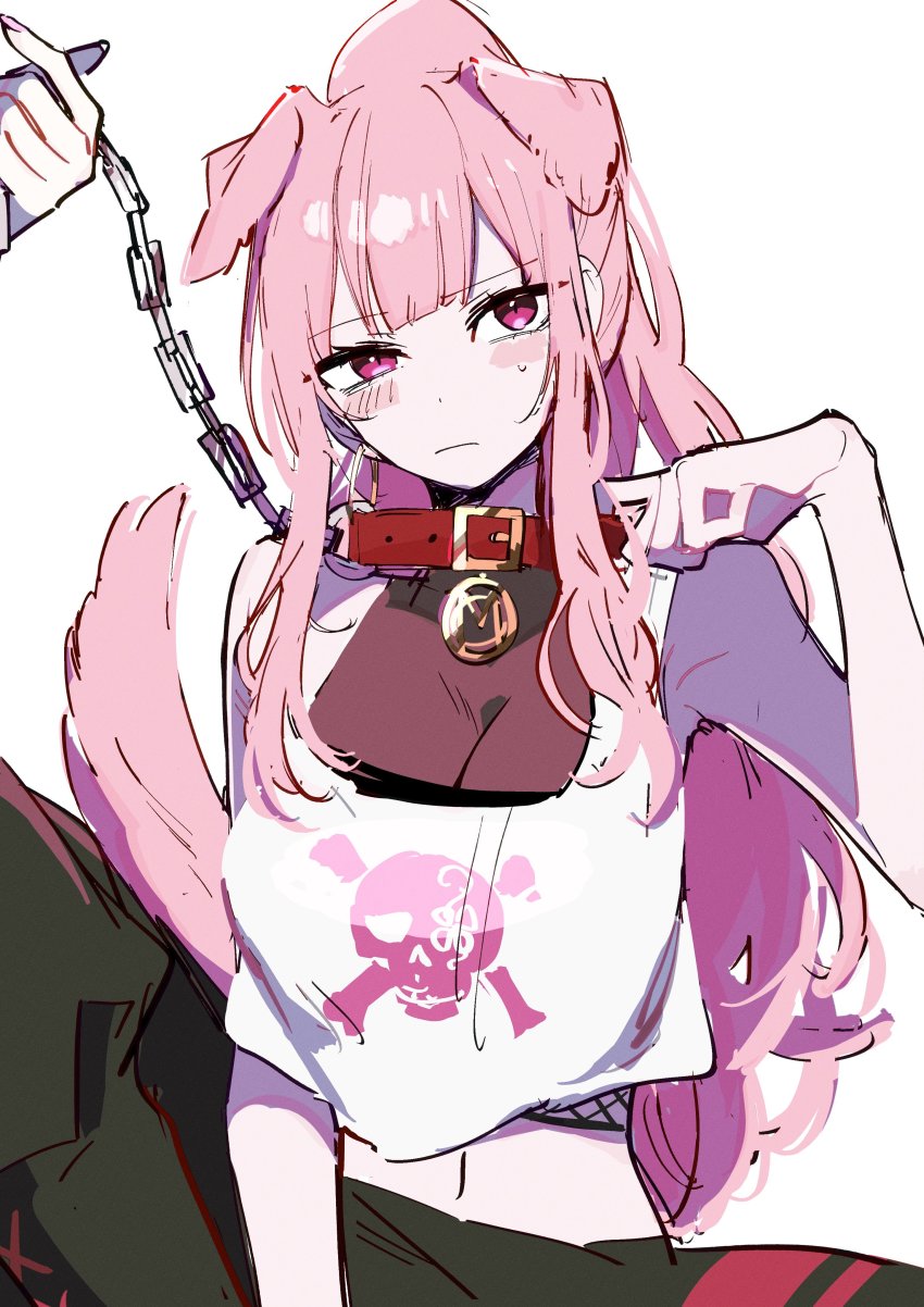 1girl, absurdres, aneco_(westsea1227), animal_collar, animal_ears, black_pants, blush, breasts