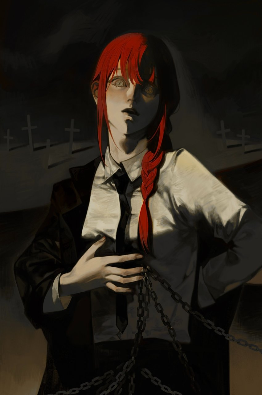 1girl, absurdres, baichuan_baichuan, black_necktie, black_pants, braid, braided_ponytail, breasts, chain, chainsaw_man, collared_shirt, cross, formal_clothes, highres, long_coat, long_hair, long_sleeves, looking_at_viewer, makima_(chainsaw_man), medium_breasts, necktie, office_lady, open_mouth, pants, red_hair, ringed_eyes, shirt, solo, suit, white_shirt, yellow_eyes