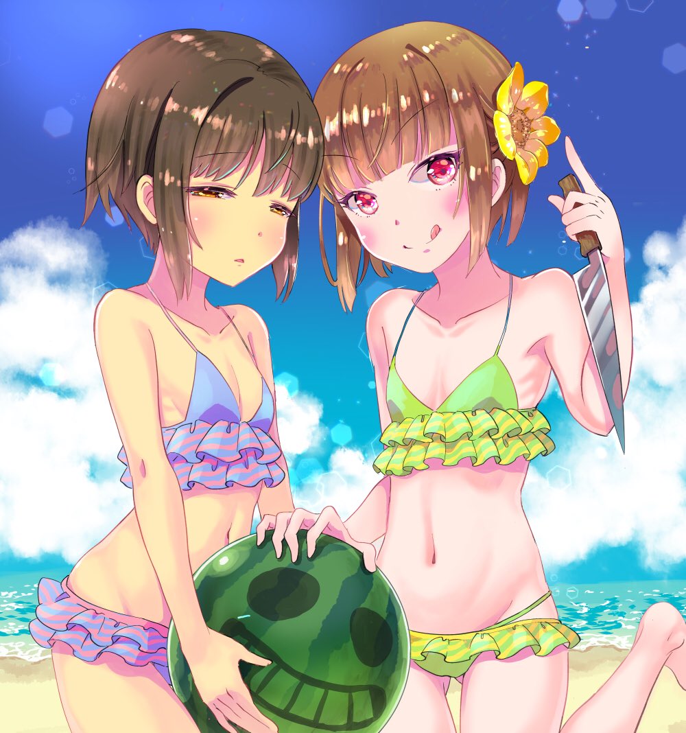 2girls, ball, beach, beachball, bikini, bikini_skirt, black_hair, blush, bra, breasts, brown_eyes, brown_hair, chara_(undertale), child, cloud, collarbone, female_chara_(undertale), female_frisk_(undertale), flat_chest, flower, flower_on_head, food, frisk_(undertale), fruit, green_bikini, igaiga, multiple_girls, navel, ocean, panties, purple_bikini, red_eyes, ribs, short_hair, sideboob, sky, small_breasts, swimsuit, undertale, underwear, utdr_(toby_fox), watermelon