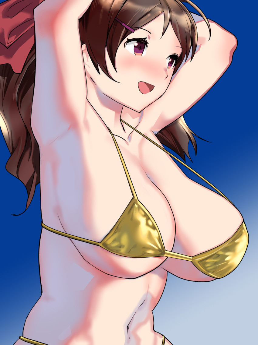 1girl, ahoge, alternate_costume, armpits, arms_up, bikini, blue_sky, blush